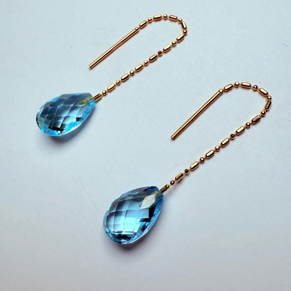 14K Yellow Gold 7 CTW Swiss Blue Topaz Faceted Pear Dangle Threader Earrings - Picture 5 of 7